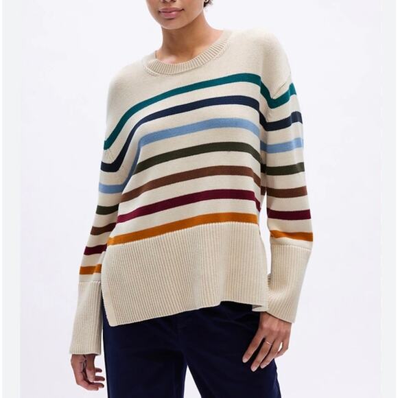 Gap Women Drop Shoulder Crew Sweater Size XL Cotton Striped Neutral Winter Beige - Picture 2 of 8